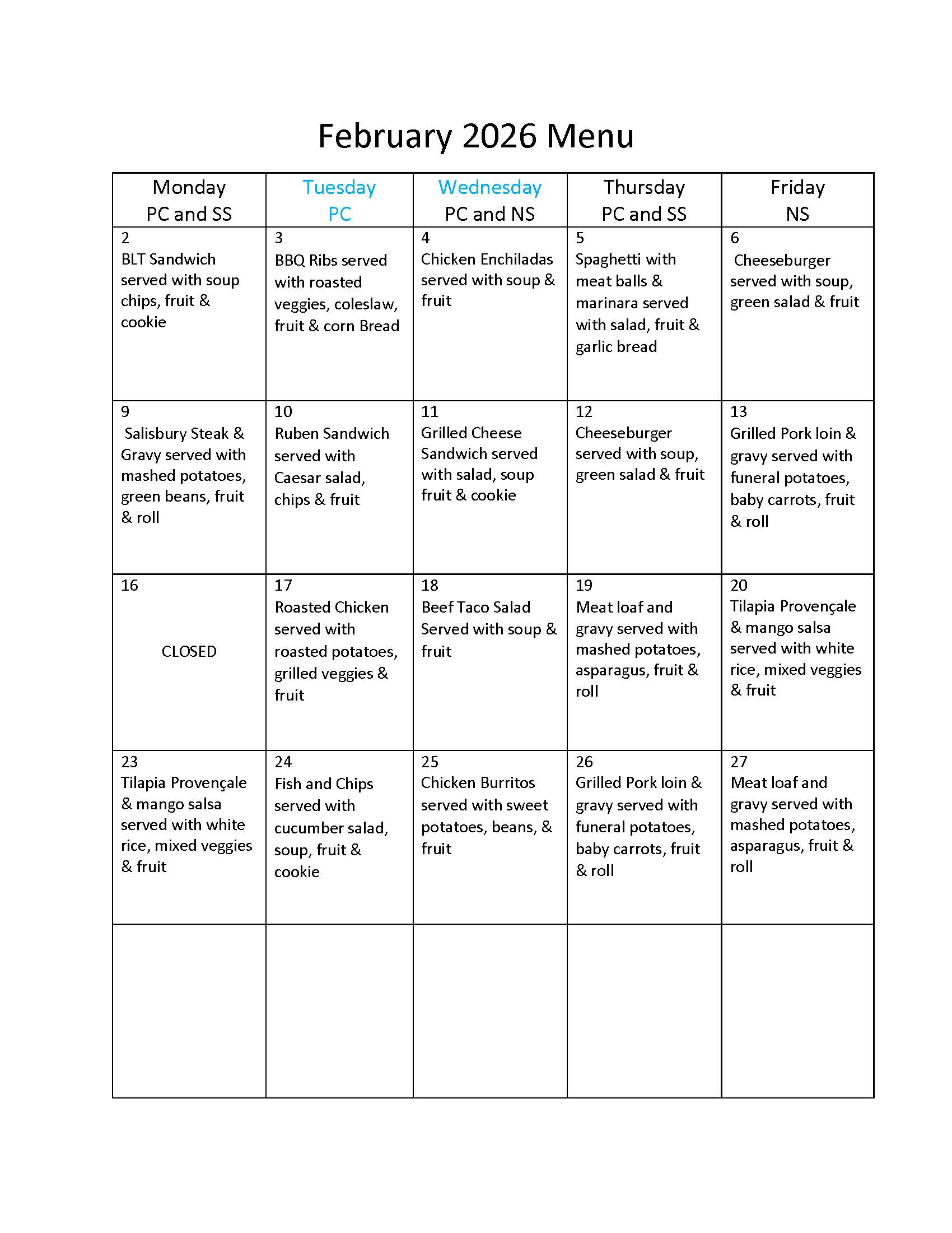  February Menu 2026